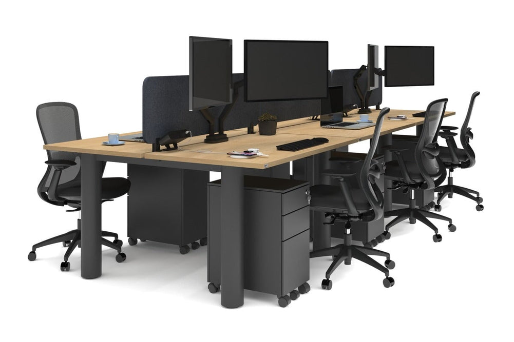 Quadro Cylinder Leg 6 Person Office Workstations [1400L x 800W with Cable Scallop]-black leg maple dark grey acoustic panel (400H x 1200W)