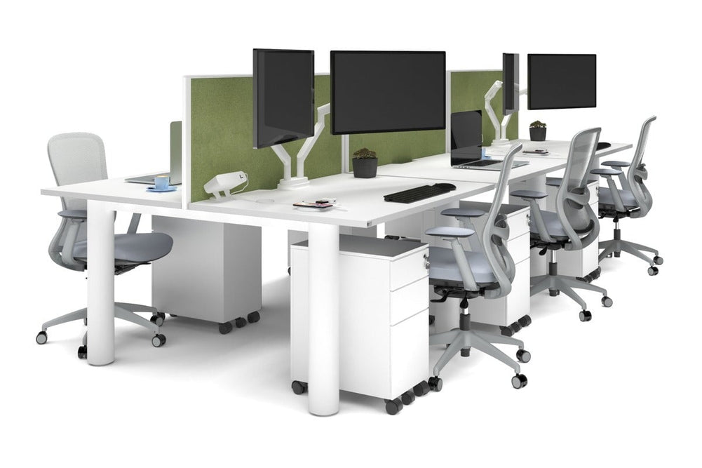 Quadro Cylinder Leg 6 Person Office Workstations [1400L x 800W with Cable Scallop]-white leg white green moss (500H x 1400W)