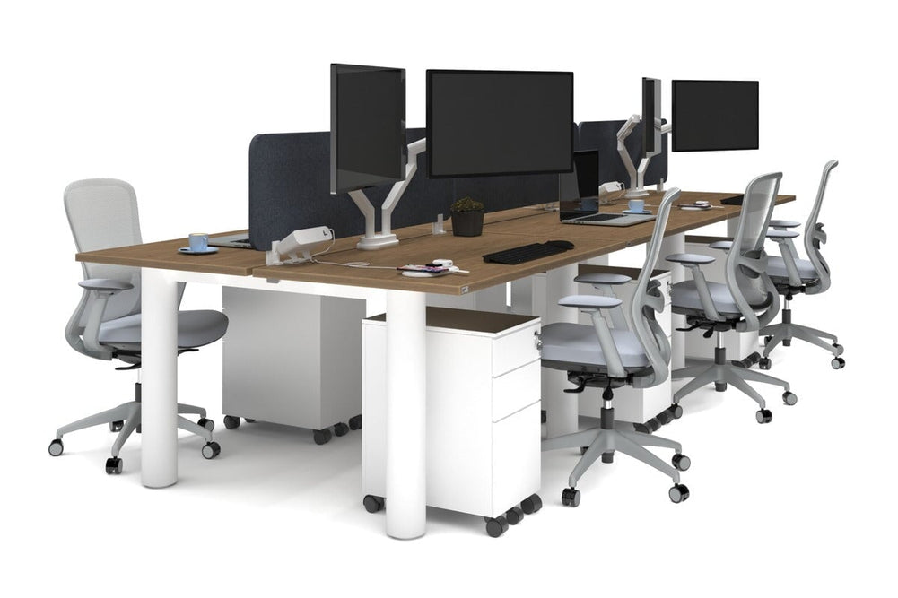 Quadro Cylinder Leg 6 Person Office Workstations [1400L x 800W with Cable Scallop]-white leg salvage oak dark grey acoustic panel (400H x 1200W)