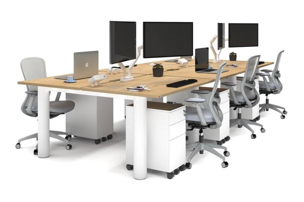 Quadro Cylinder Leg 6 Person Office Workstations [1400L x 800W with Cable Scallop]-white leg maple none
