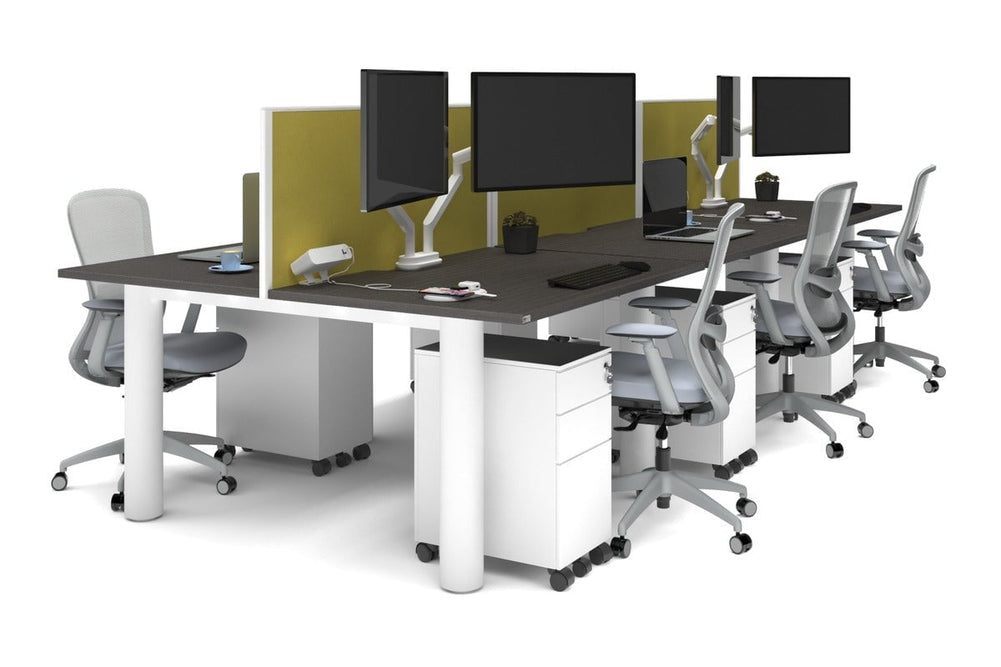 Quadro Cylinder Leg 6 Person Office Workstations [1400L x 800W with Cable Scallop]-white leg dark oak mustard yellow (500H x 1400W)