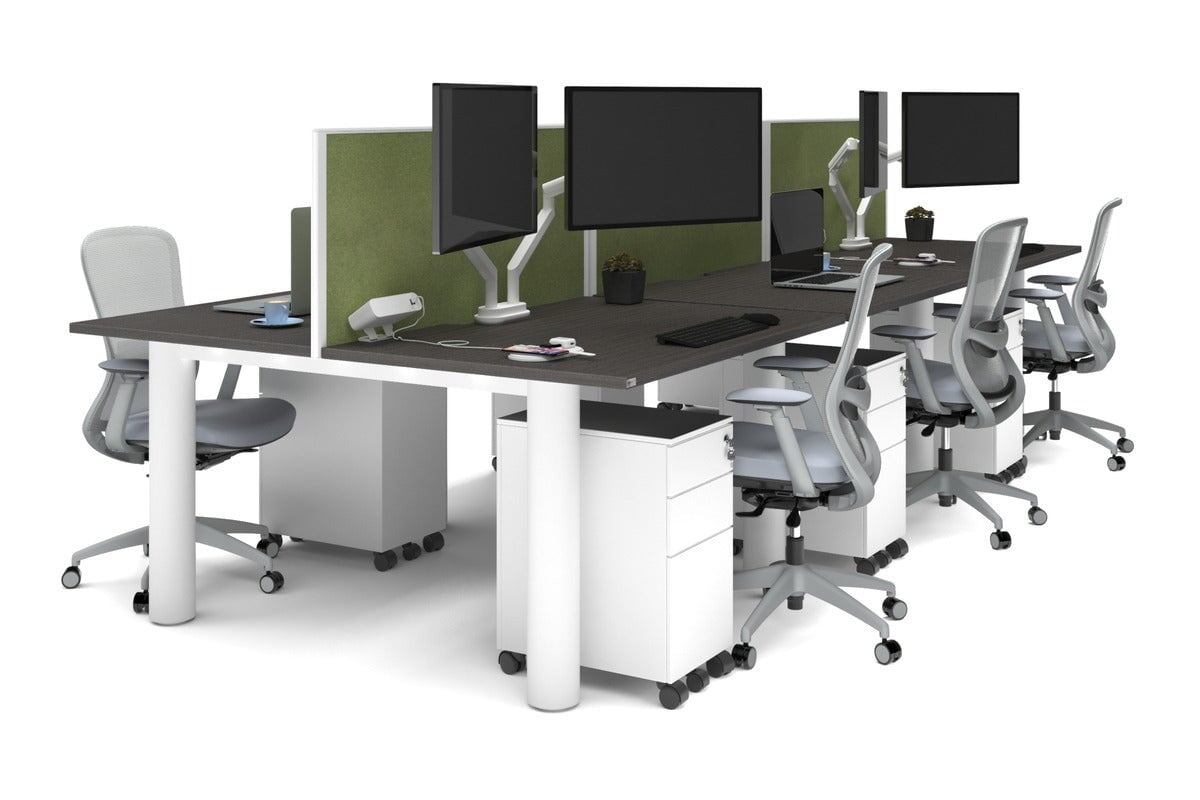 Quadro Cylinder Leg 6 Person Office Workstations [1400L x 800W with Cable Scallop] Jasonl white leg dark oak green moss (500H x 1400W)