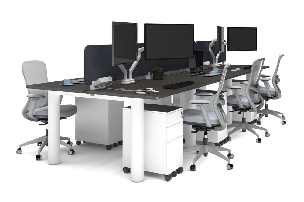 Quadro Cylinder Leg 6 Person Office Workstations [1400L x 800W with Cable Scallop]-white leg dark oak dark grey acoustic panel (400H x 1200W)