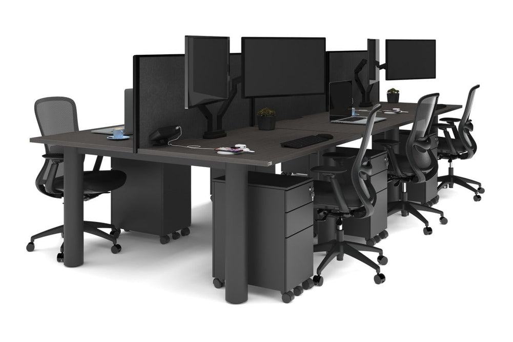 Quadro Cylinder Leg 6 Person Office Workstations [1400L x 800W with Cable Scallop]-black leg dark oak moody charcoal (500H x 1400W)