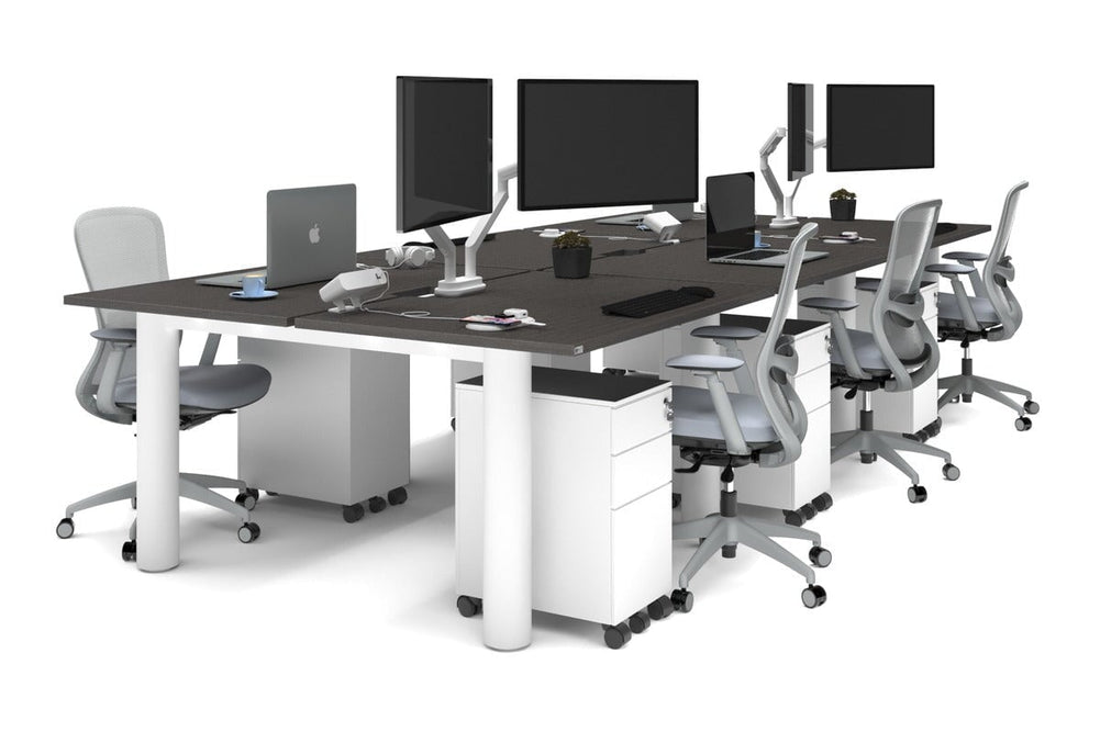 Quadro Cylinder Leg 6 Person Office Workstations [1400L x 800W with Cable Scallop]-white leg dark oak none