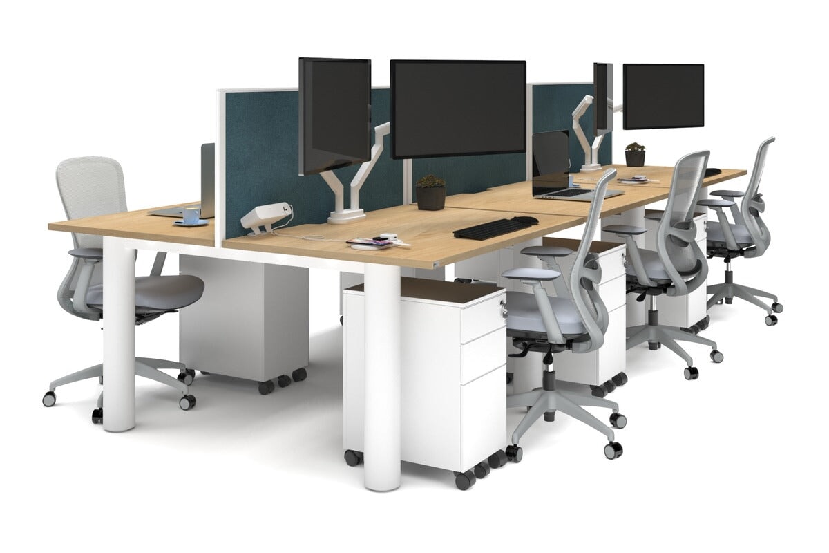 Quadro Cylinder Leg 6 Person Office Workstations [1400L x 800W with Cable Scallop] Jasonl white leg maple deep blue (500H x 1400W)