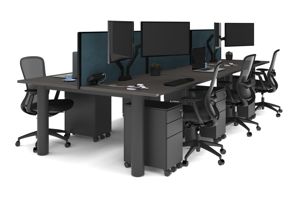 Quadro Cylinder Leg 6 Person Office Workstations [1400L x 800W with Cable Scallop]-black leg dark oak deep blue (500H x 1400W)