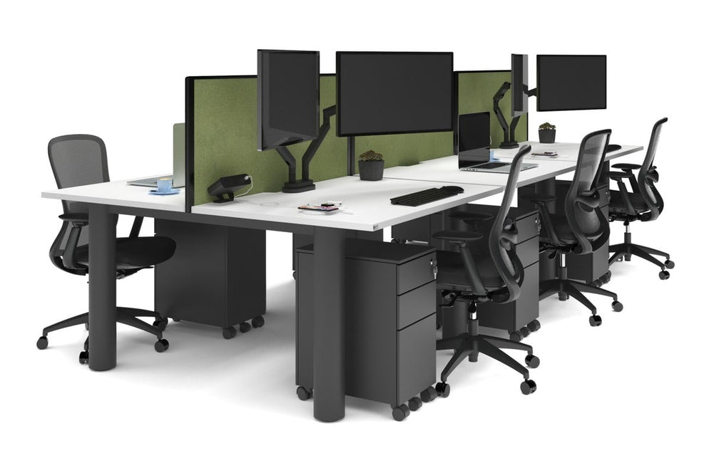 Quadro Cylinder Leg 6 Person Office Workstations [1400L x 800W with Cable Scallop]-black leg white green moss (500H x 1400W)