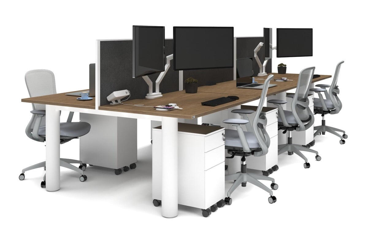 Quadro Cylinder Leg 6 Person Office Workstations [1400L x 800W with Cable Scallop]-white leg salvage oak moody charcoal (500H x 1400W)
