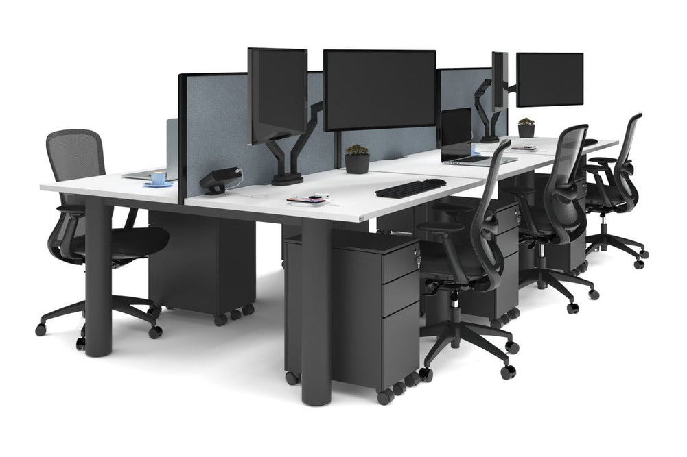 Quadro Cylinder Leg 6 Person Office Workstations [1400L x 800W with Cable Scallop]-black leg white cool grey (500H x 1400W)