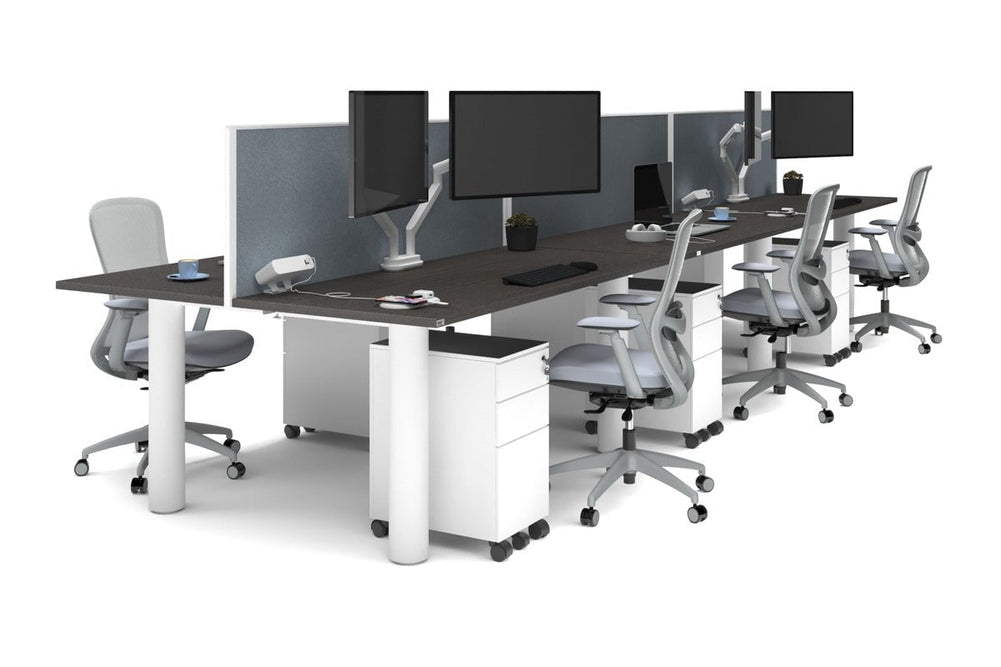 Quadro Cylinder Leg 6 Person Office Workstations [1600L x 700W]-white leg dark oak cool grey (500H x 1600W)