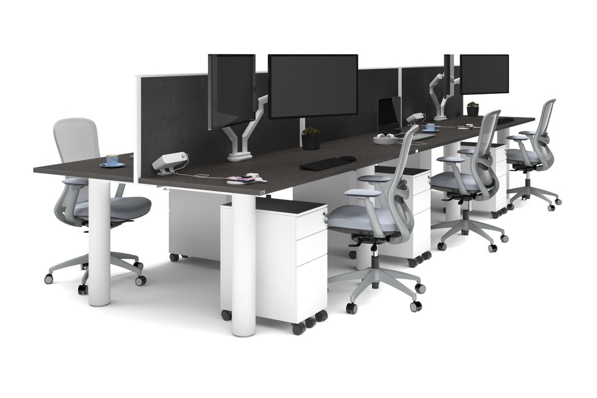 Quadro Cylinder Leg 6 Person Office Workstations [1600L x 700W] Jasonl white leg dark oak moody charcoal (500H x 1600W)