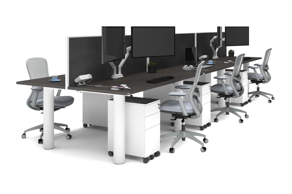 Quadro Cylinder Leg 6 Person Office Workstations [1600L x 700W]-white leg dark oak moody charcoal (500H x 1600W)