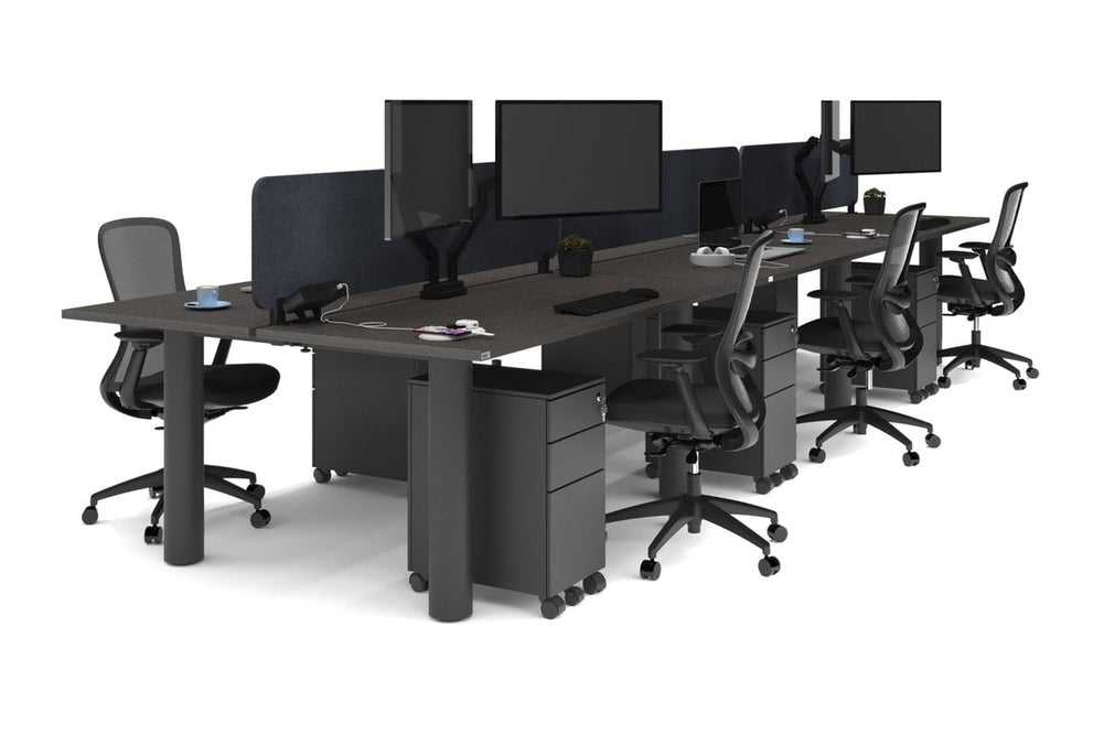 Quadro Cylinder Leg 6 Person Office Workstations [1600L x 700W]-black leg dark oak dark grey acoustic panel (400H x 1600W)
