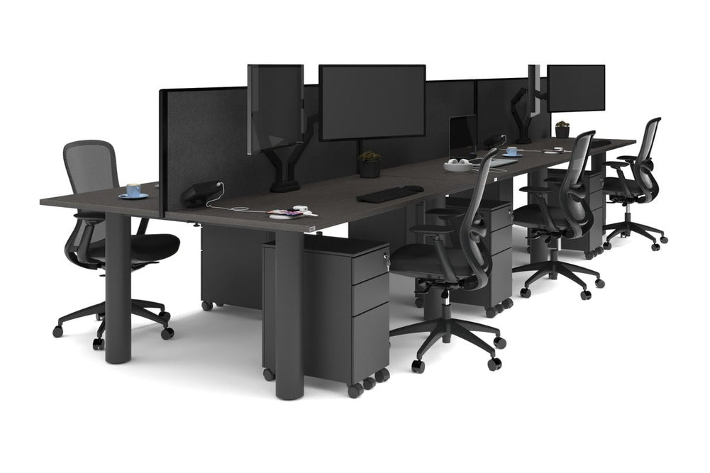 Quadro Cylinder Leg 6 Person Office Workstations [1600L x 700W]-black leg dark oak moody charcoal (500H x 1600W)