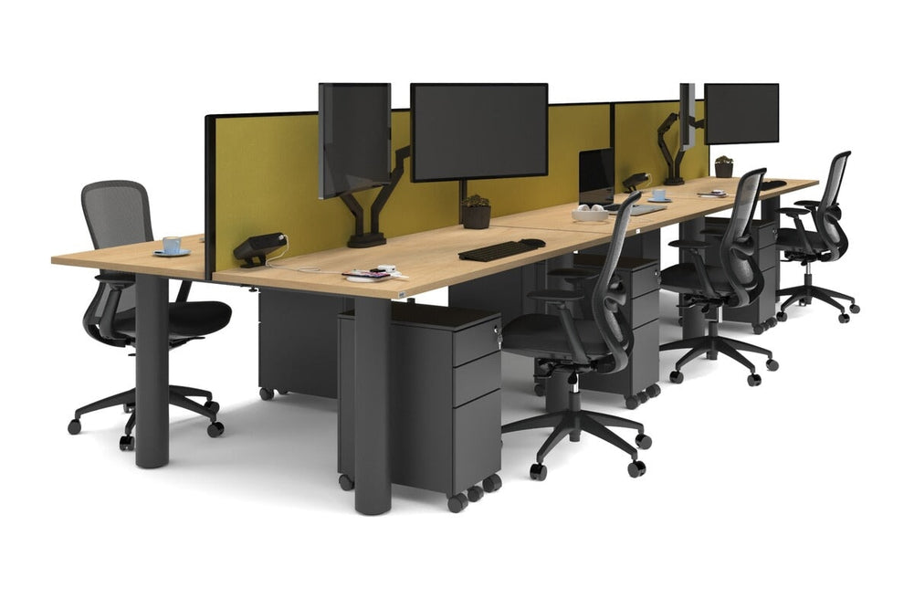 Quadro Cylinder Leg 6 Person Office Workstations [1600L x 700W]-black leg maple mustard yellow (500H x 1600W)