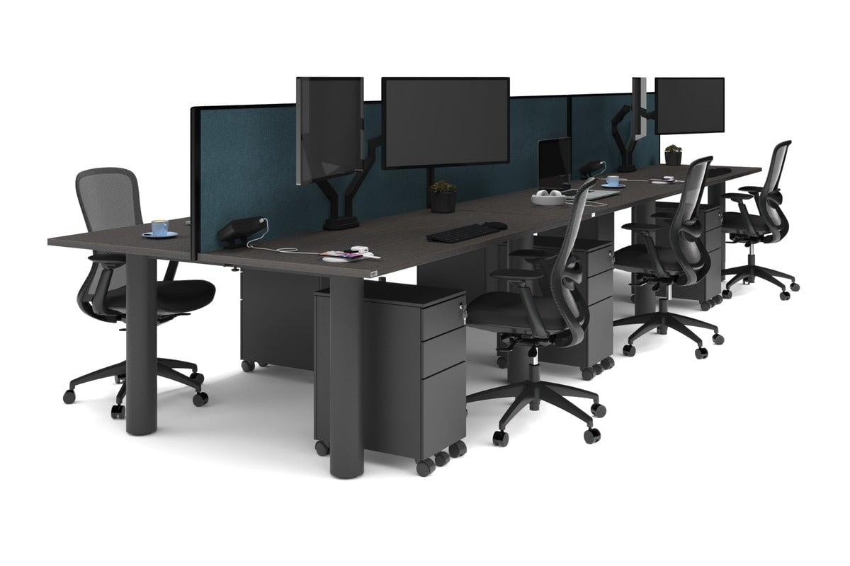 Quadro Cylinder Leg 6 Person Office Workstations [1600L x 700W] Jasonl black leg dark oak deep blue (500H x 1600W)