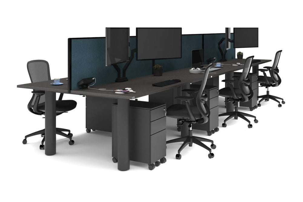 Quadro Cylinder Leg 6 Person Office Workstations [1600L x 700W]-black leg dark oak deep blue (500H x 1600W)