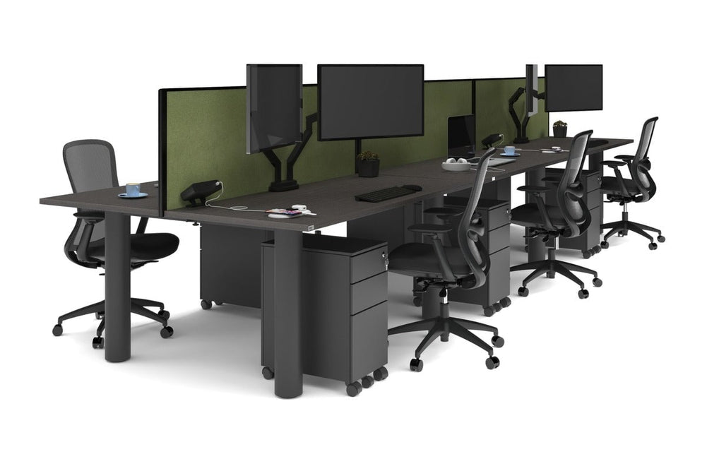 Quadro Cylinder Leg 6 Person Office Workstations [1600L x 700W]-black leg dark oak green moss (500H x 1600W)