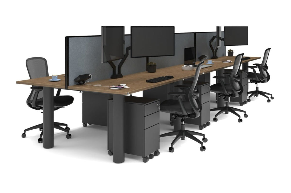 Quadro Cylinder Leg 6 Person Office Workstations [1600L x 700W]-black leg salvage oak cool grey (500H x 1600W)