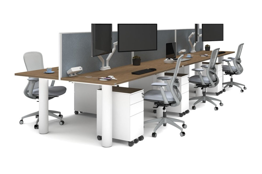 Quadro Cylinder Leg 6 Person Office Workstations [1600L x 700W]-white leg salvage oak cool grey (500H x 1600W)