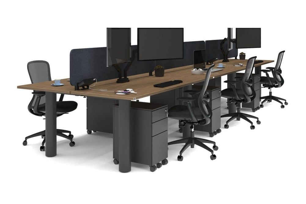 Quadro Cylinder Leg 6 Person Office Workstations [1600L x 700W]-black leg salvage oak dark grey acoustic panel (400H x 1600W)