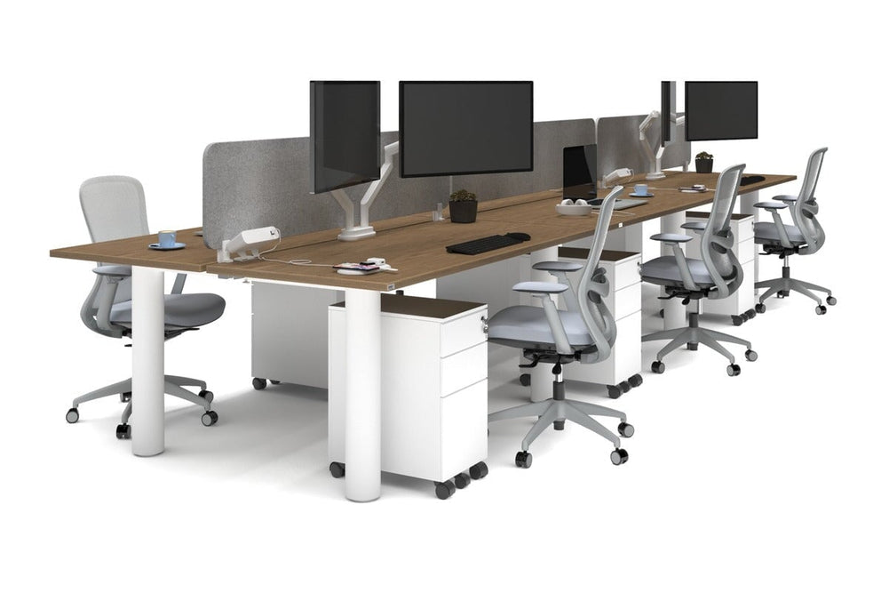 Quadro Cylinder Leg 6 Person Office Workstations [1600L x 700W]-white leg salvage oak light grey acoustic panel (400H x 1600W)