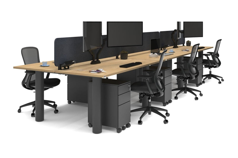 Quadro Cylinder Leg 6 Person Office Workstations [1600L x 700W]-black leg maple dark grey acoustic panel (400H x 1600W)