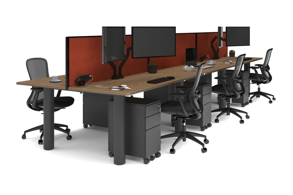 Quadro Cylinder Leg 6 Person Office Workstations [1600L x 700W]-black leg salvage oak orange squash (500H x 1600W)