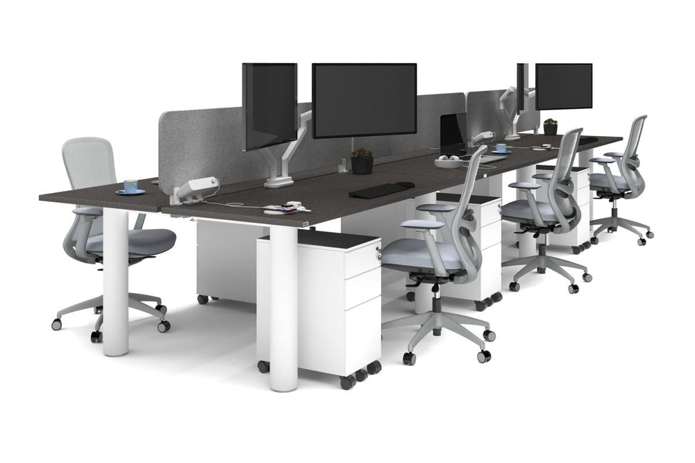 Quadro Cylinder Leg 6 Person Office Workstations [1600L x 700W]-white leg dark oak light grey acoustic panel (400H x 1600W)