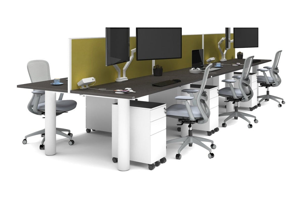Quadro Cylinder Leg 6 Person Office Workstations [1600L x 700W]-white leg dark oak mustard yellow (500H x 1600W)