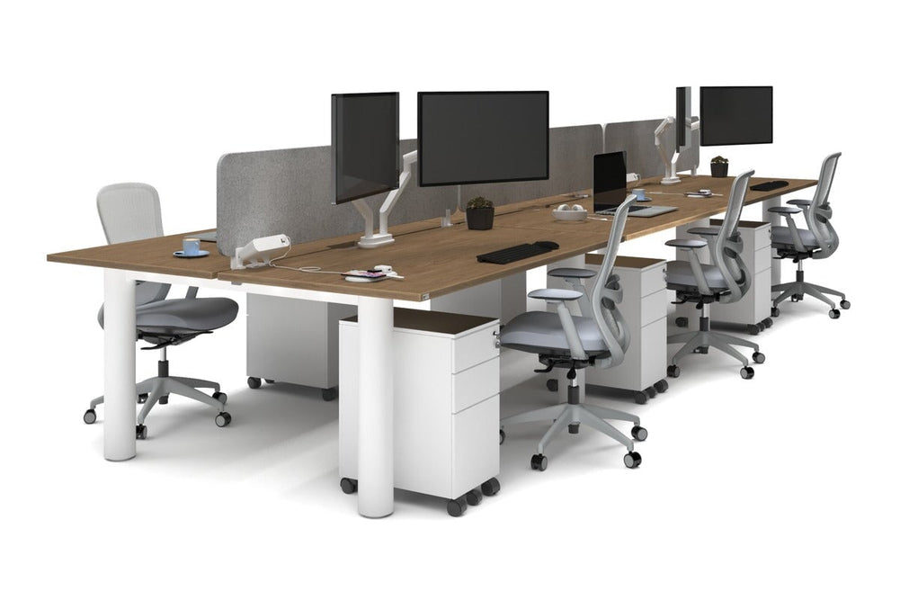 Quadro Cylinder Leg 6 Person Office Workstations [1600L x 800W with Cable Scallop]-white leg salvage oak light grey acoustic panel (400H x 1600W)
