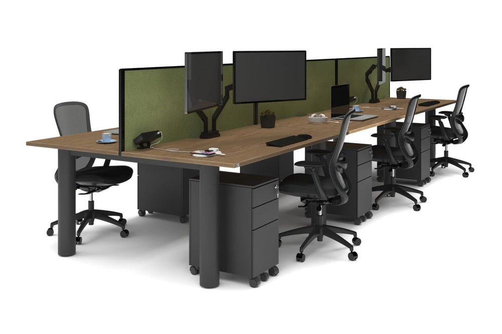 Quadro Cylinder Leg 6 Person Office Workstations [1600L x 800W with Cable Scallop]-black leg salvage oak green moss (500H x 1600W)