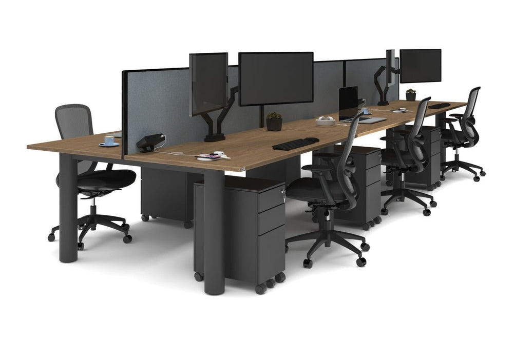 Quadro Cylinder Leg 6 Person Office Workstations [1600L x 800W with Cable Scallop]-black leg salvage oak cool grey (500H x 1600W)