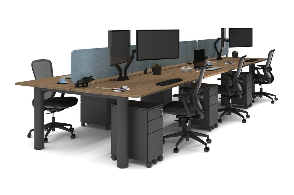 Quadro Cylinder Leg 6 Person Office Workstations [1600L x 800W with Cable Scallop]-black leg salvage oak blue acoustic panel (400H x 1600W)