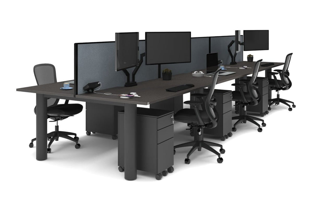 Quadro Cylinder Leg 6 Person Office Workstations [1600L x 800W with Cable Scallop]-black leg dark oak cool grey (500H x 1600W)
