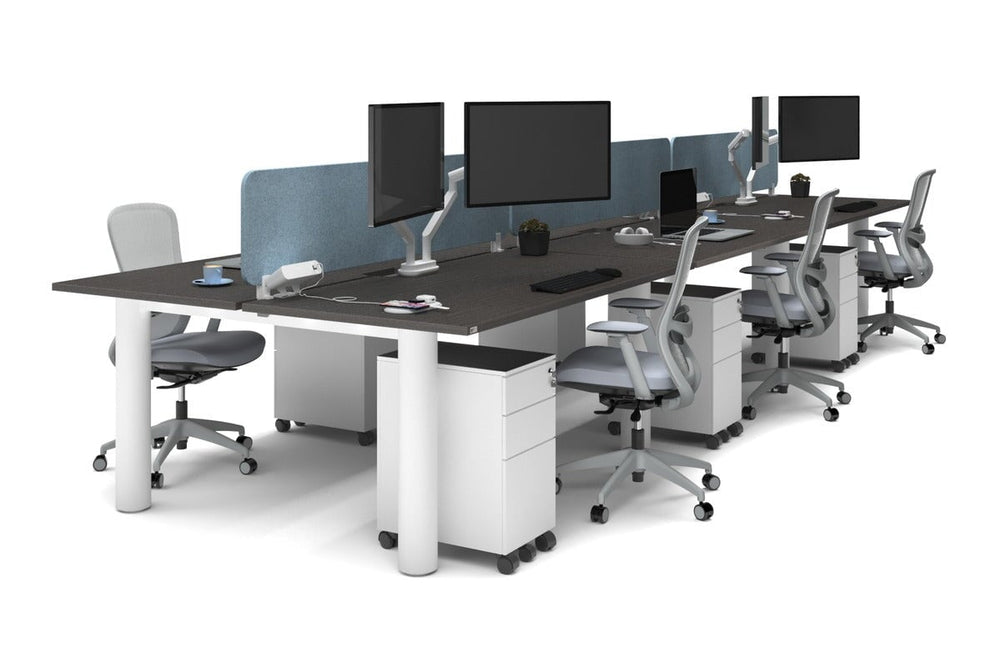 Quadro Cylinder Leg 6 Person Office Workstations [1600L x 800W with Cable Scallop]-white leg dark oak blue acoustic panel (400H x 1600W)