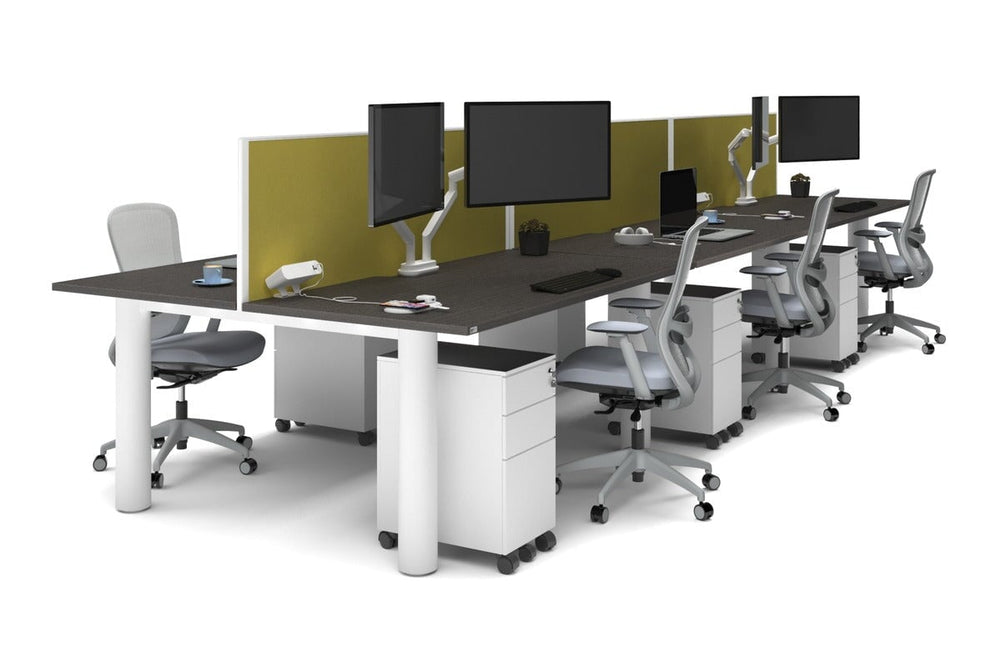 Quadro Cylinder Leg 6 Person Office Workstations [1600L x 800W with Cable Scallop]-white leg dark oak mustard yellow (500H x 1600W)