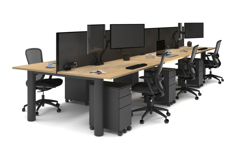 Quadro Cylinder Leg 6 Person Office Workstations [1600L x 800W with Cable Scallop]-black leg maple moody charcoal (500H x 1600W)