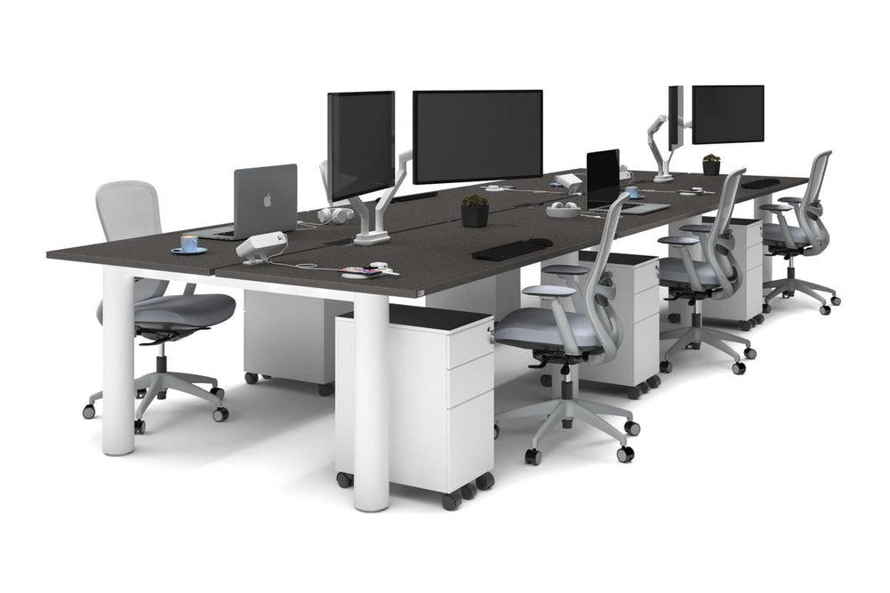 Quadro Cylinder Leg 6 Person Office Workstations [1600L x 800W with Cable Scallop]-white leg dark oak none