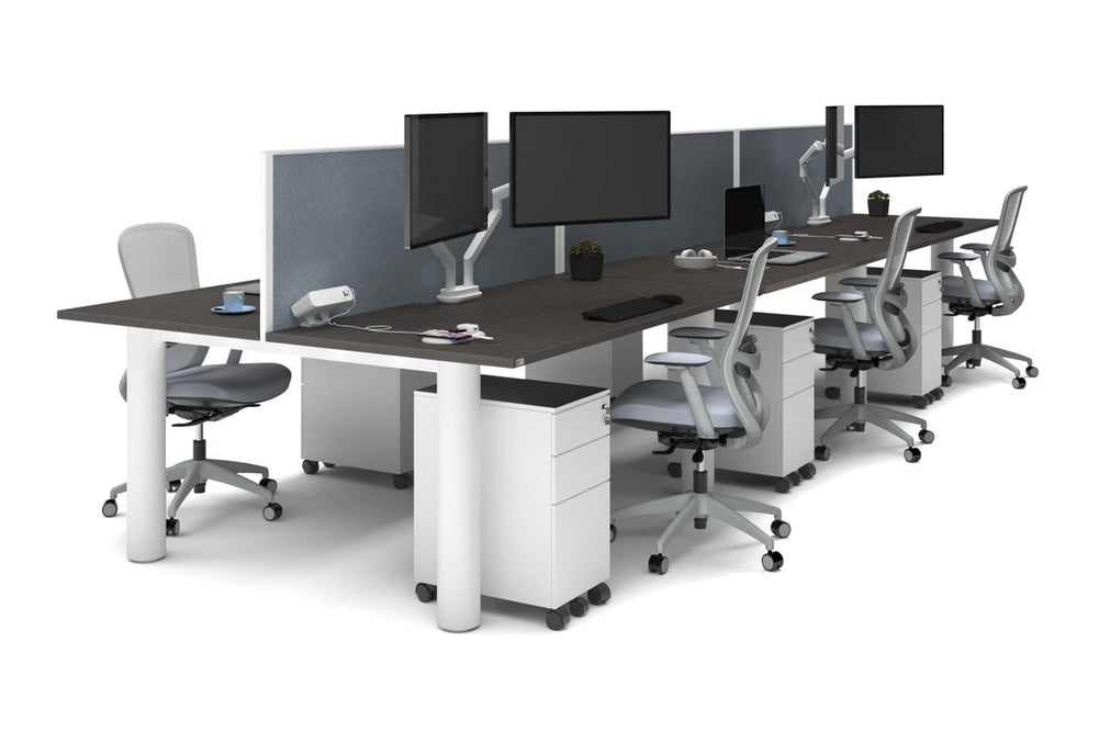 Quadro Cylinder Leg 6 Person Office Workstations [1600L x 800W with Cable Scallop]-white leg dark oak cool grey (500H x 1600W)