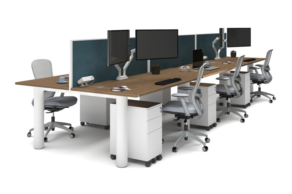 Quadro Cylinder Leg 6 Person Office Workstations [1600L x 800W with Cable Scallop]-white leg salvage oak deep blue (500H x 1600W)