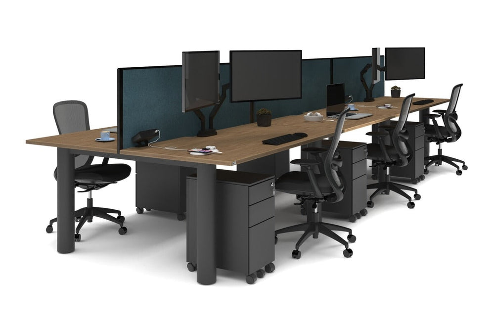 Quadro Cylinder Leg 6 Person Office Workstations [1600L x 800W with Cable Scallop]-black leg salvage oak deep blue (500H x 1600W)