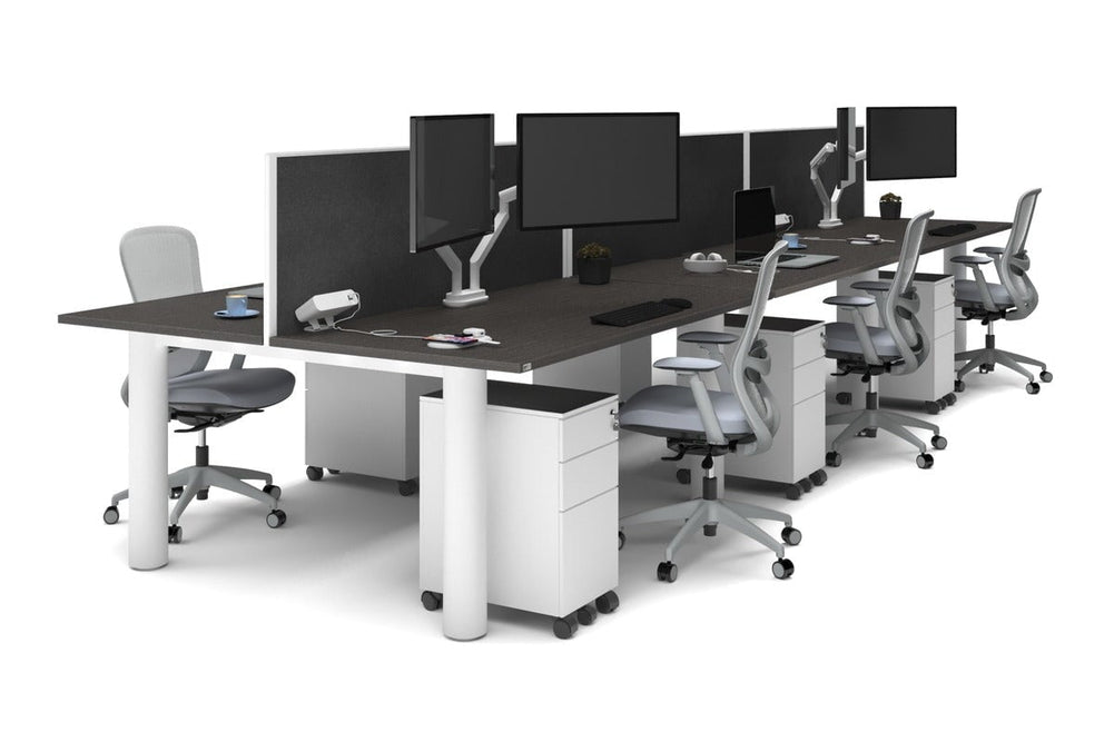 Quadro Cylinder Leg 6 Person Office Workstations [1600L x 800W with Cable Scallop]-white leg dark oak moody charcoal (500H x 1600W)