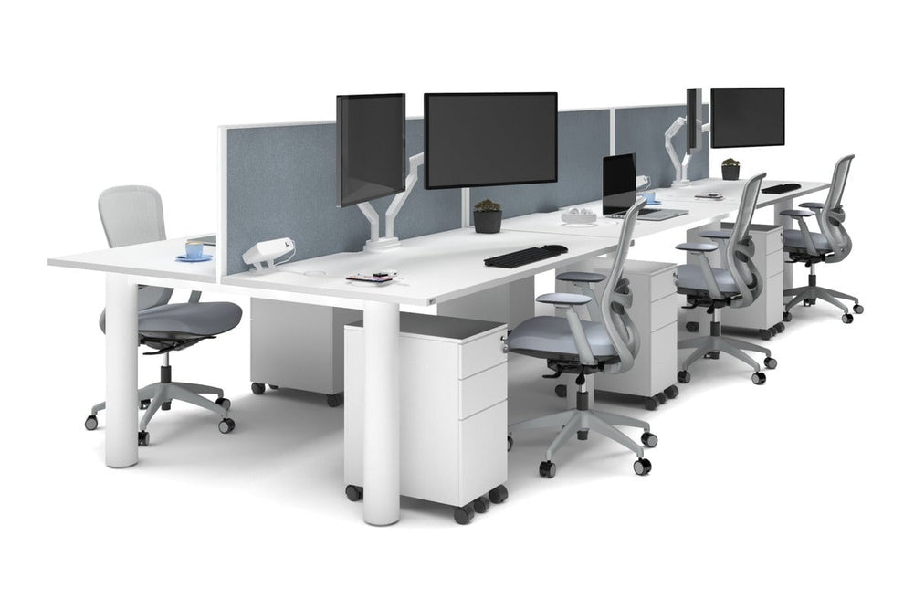 Quadro Cylinder Leg 6 Person Office Workstations [1600L x 800W with Cable Scallop]-white leg white cool grey (500H x 1600W)