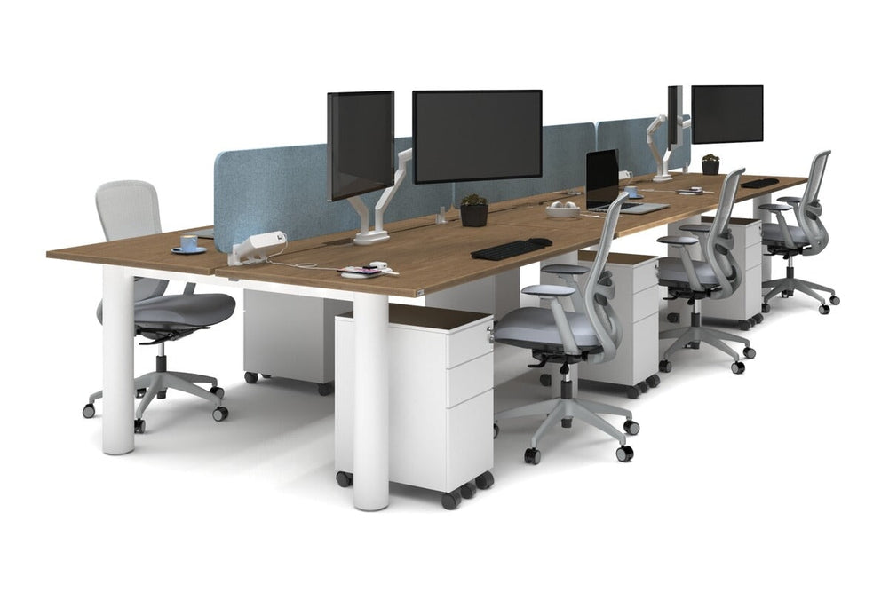 Quadro Cylinder Leg 6 Person Office Workstations [1600L x 800W with Cable Scallop]-white leg salvage oak blue acoustic panel (400H x 1600W)