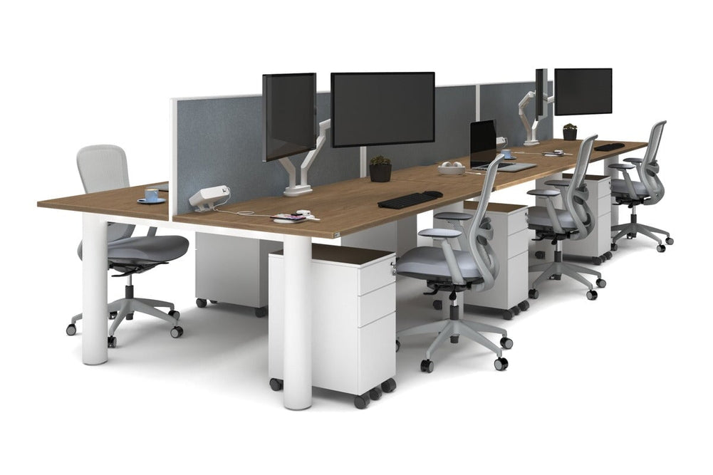 Quadro Cylinder Leg 6 Person Office Workstations [1600L x 800W with Cable Scallop]-white leg salvage oak cool grey (500H x 1600W)