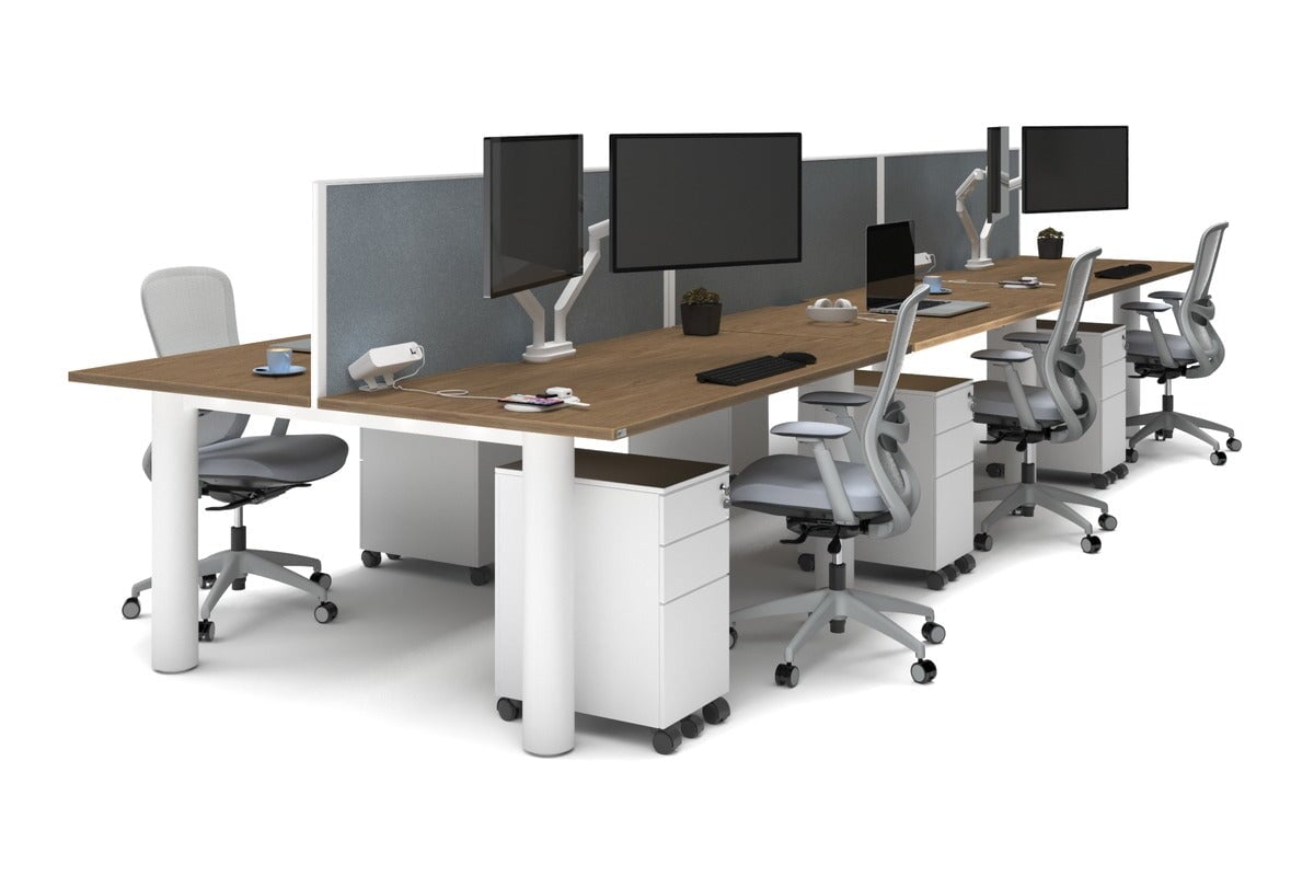 Quadro Cylinder Leg 6 Person Office Workstations [1600L x 800W with Cable Scallop]-white leg salvage oak cool grey (500H x 1600W)