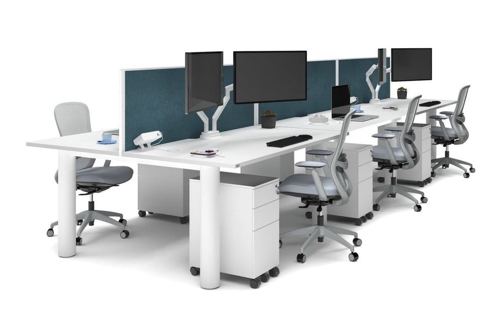 Quadro Cylinder Leg 6 Person Office Workstations [1600L x 800W with Cable Scallop]-white leg white deep blue (500H x 1600W)
