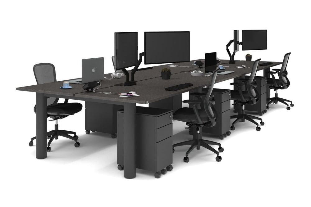 Quadro Cylinder Leg 6 Person Office Workstations [1600L x 800W with Cable Scallop]-black leg dark oak none